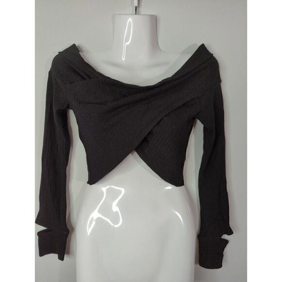 LNA Una Top Black Tencel Blend Ribbed Long Sleeve Wide Neck Cropped Top Size M - Picture 3 of 10